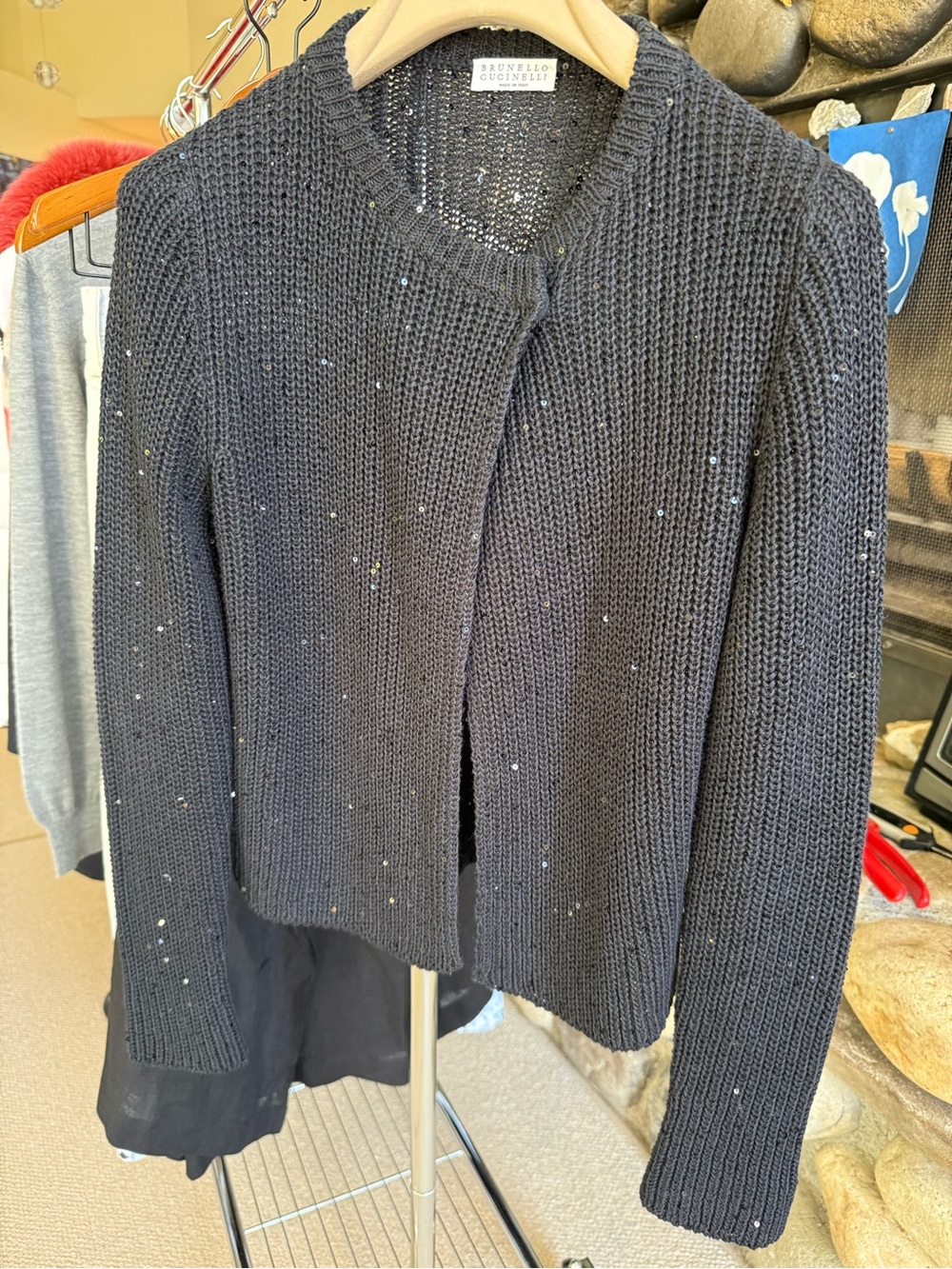Brunello Cucinelli Black Knit Cardigan with Sequin Detail